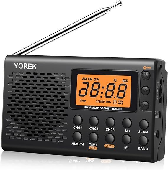 【在庫処分】YOREK AM/FM/SW 高感度受信ポータブルラジオ 電池式 スリープ機能付きワイドFM対応小型ラジオ ステレオイヤホン付属する（日本語取説付き） (クロ) (黒い)