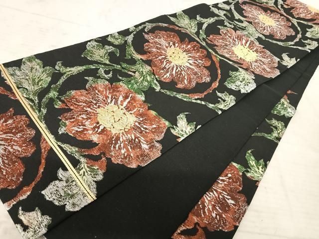 平和屋着物◎六通柄袋帯 更紗花文 黒地 金銀糸 正絹 逸品