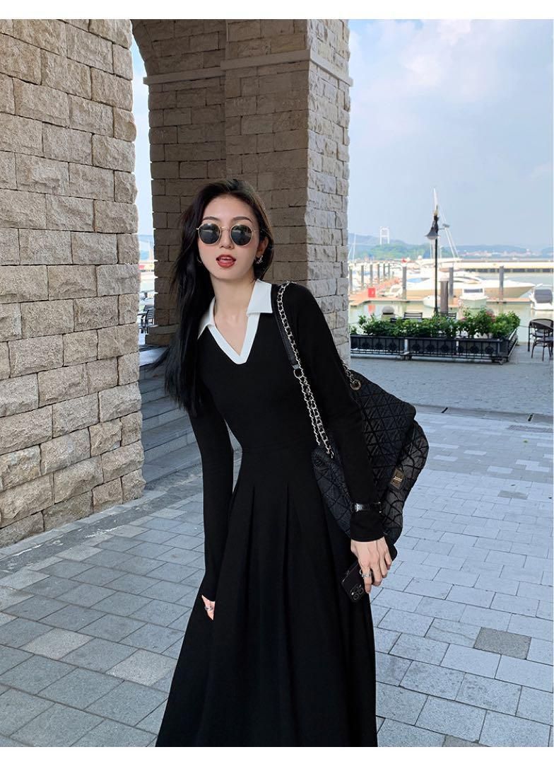 春セクシーコントラストニットドレスロング丈ワンピース