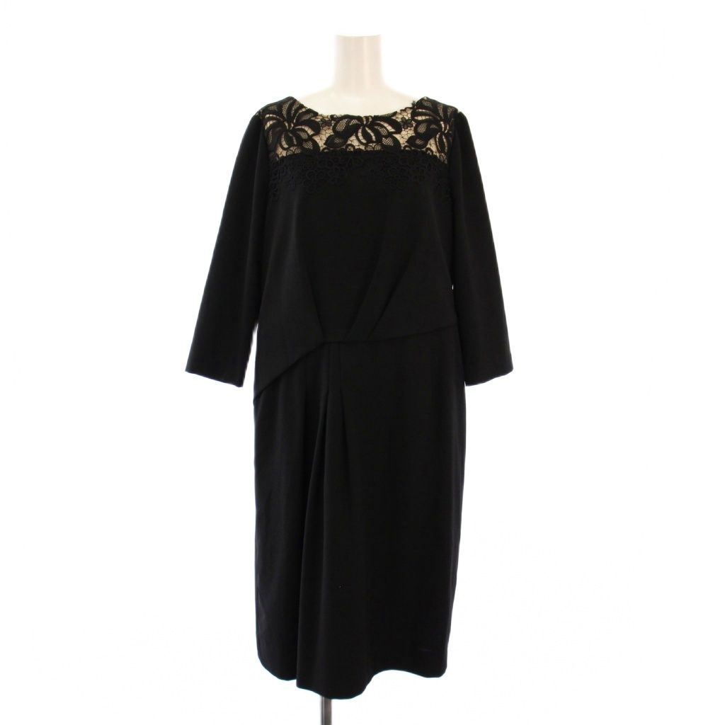 レリアン Leilian NEMIKA ワンピース ミモレ ロング 七分袖 クルーネック レース ストレッチ 11 黒 ブラック BB