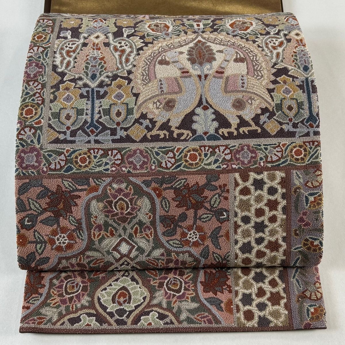 袋帯 逸品 関西仕立て 向かい鳥 草花 相良刺繍 金彩 灰紫 お太鼓