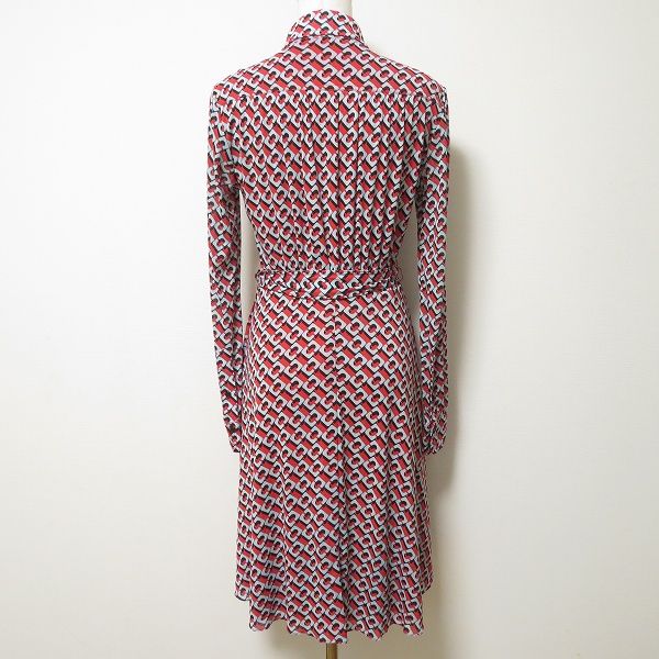 anc ダイアンフォンファステンバーグ DVF ワンピース XS 赤 黒 薄緑 総柄 パワーネット ベルト紐付き レディース 825720