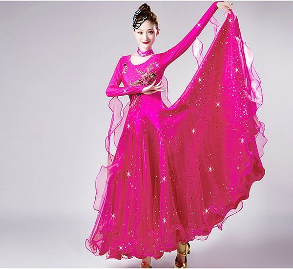 社交ダンスドレス フロート 上品 競技用 社交ダンス衣装 ワンピース ドレス キラキラ 社交ダンス ダンスウエア 広がる 舞台 豪華 長袖 ワルツ 発表会 団体 パーティー デモ ピンク S M L XL 2XL 3XL LLC-HASEGAWATOSO_COM
