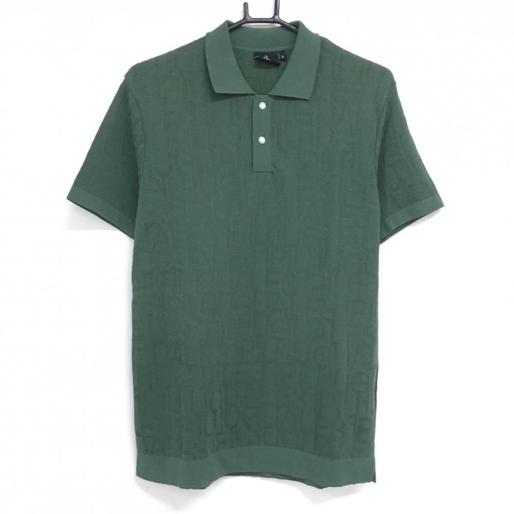 SALE価格【超美品】ウノピゥウノウグァーレトレ 半袖ニットポロシャツ グリーン ロゴ総柄編み コットン混 メンズ Ⅲ(L) ゴルフウェア 1PIU1UGUALE3
