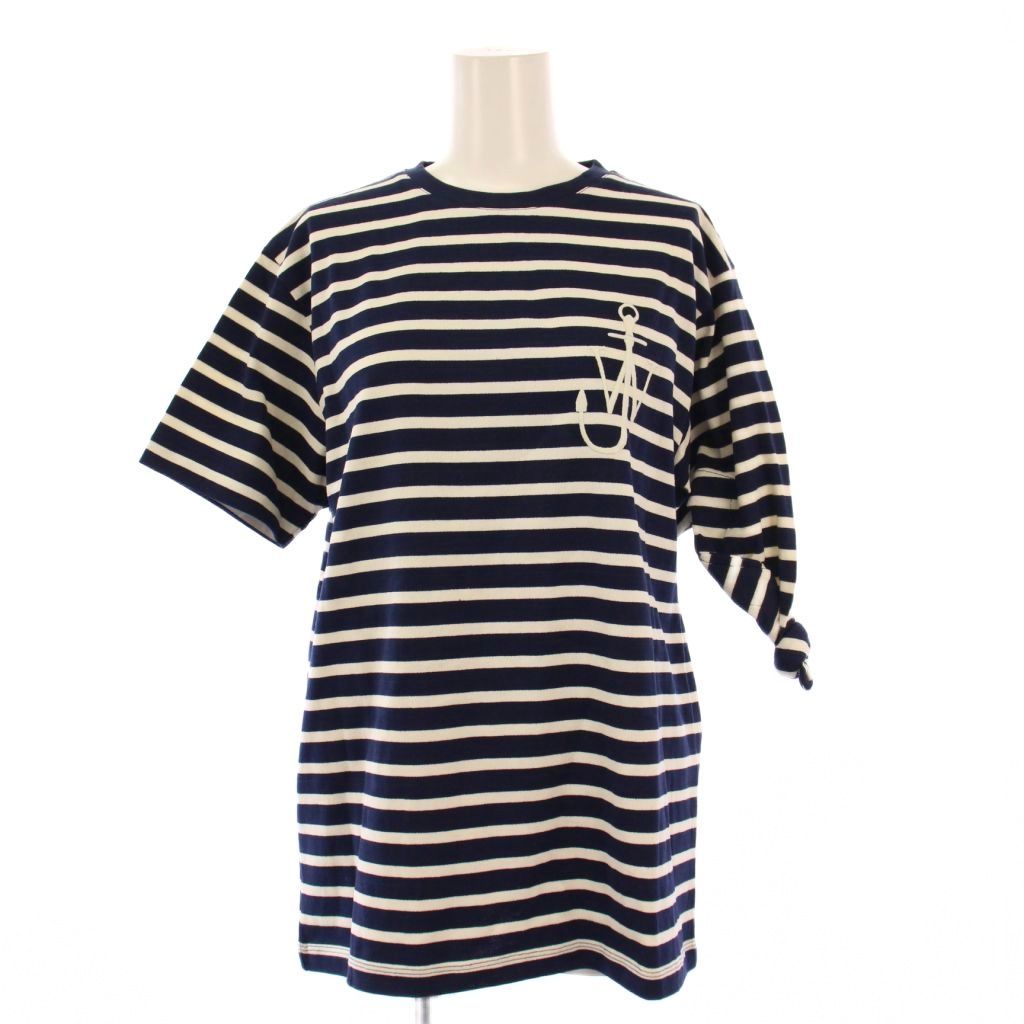 ジェイダブリューアンダーソン JWアンダーソン J.W.ANDERSON BORDER KNOT TEE ボーダーノットTシャツ カットソー 半袖 クルーネック アシンメトリー ストレッチ ロゴ 刺繍 XS 紺 ネイビー アイボリー