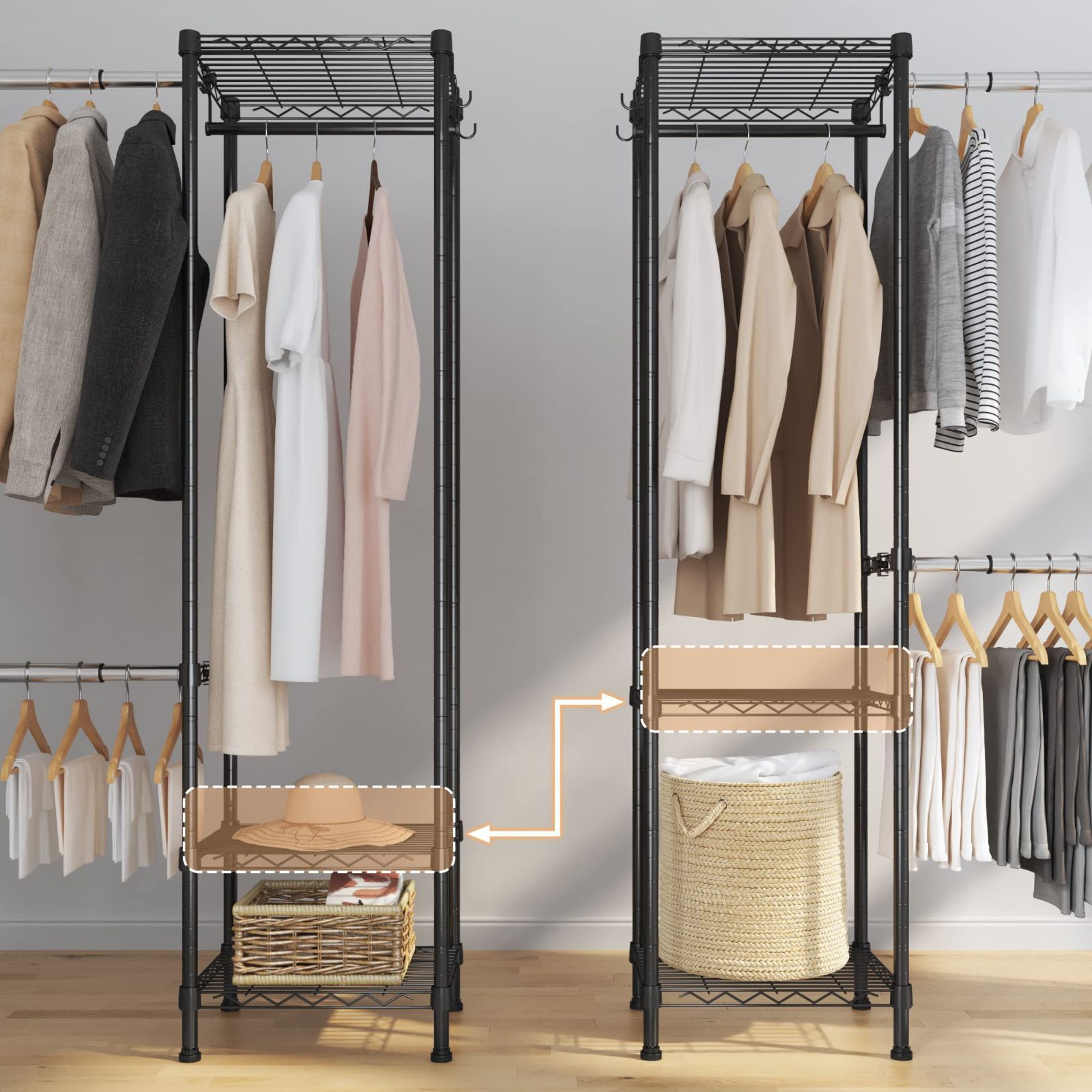 ブラックハンガーラック洋服収納大容量衣装ケース棚アイアンメタル
