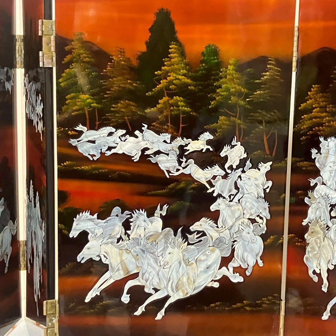 螺鈿細工 パテーション 衝立 「馬倒成功」 4連衝立 漆塗り 百