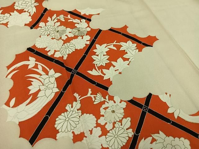 平和屋本店□極上 夏物 訪問着 絽 作家物 総刺繍 枝花文 銀糸 練色地  