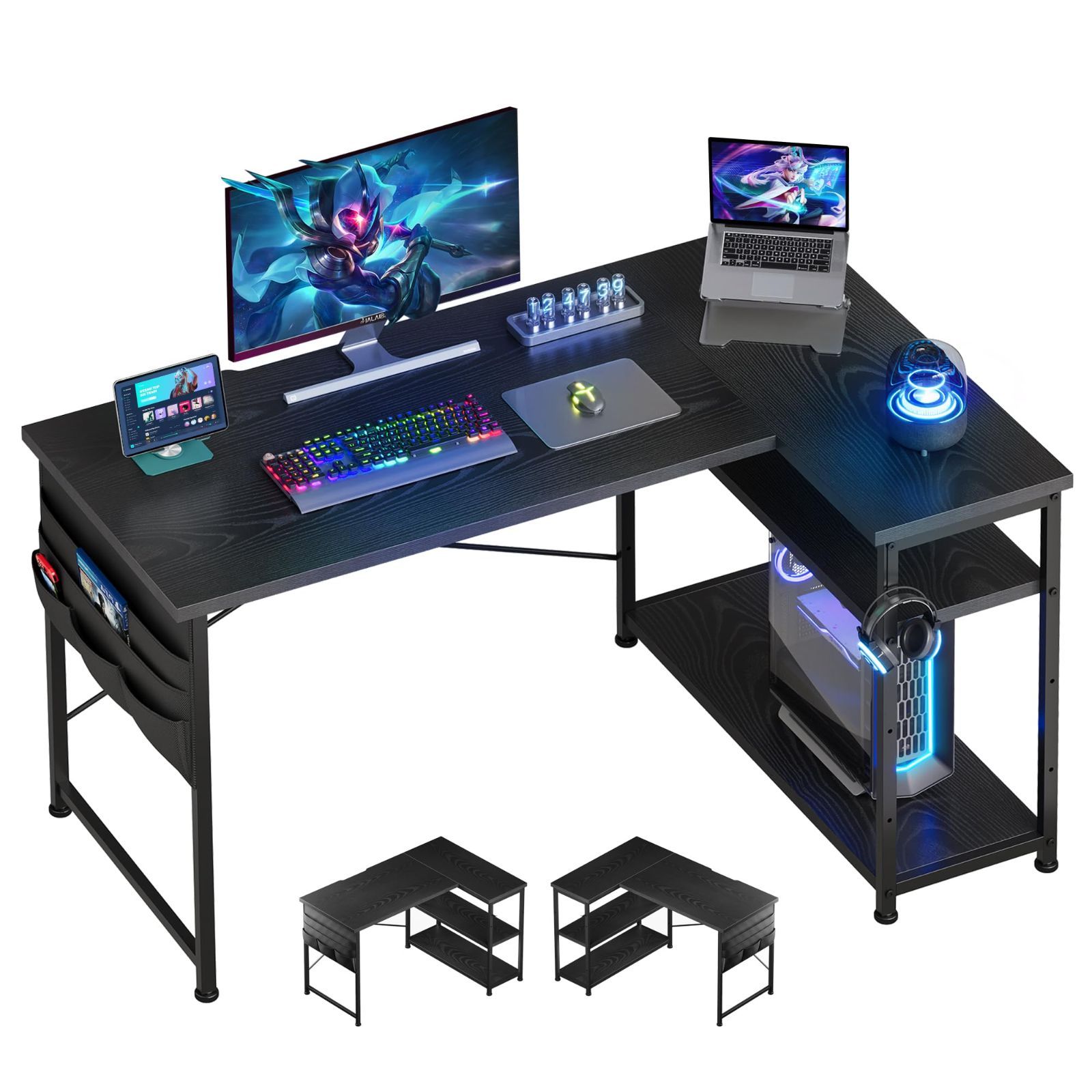 在庫処分 勉強机 作業 PC 在宅勤務 L字型 収納袋付き リモートワーク 棚板高さ調節 コーナーデスク ゲーム pcデスク 書斎 幅120cm デスク 収納ラック付き ゲーミングデスク l字デスク 黒い YeTom