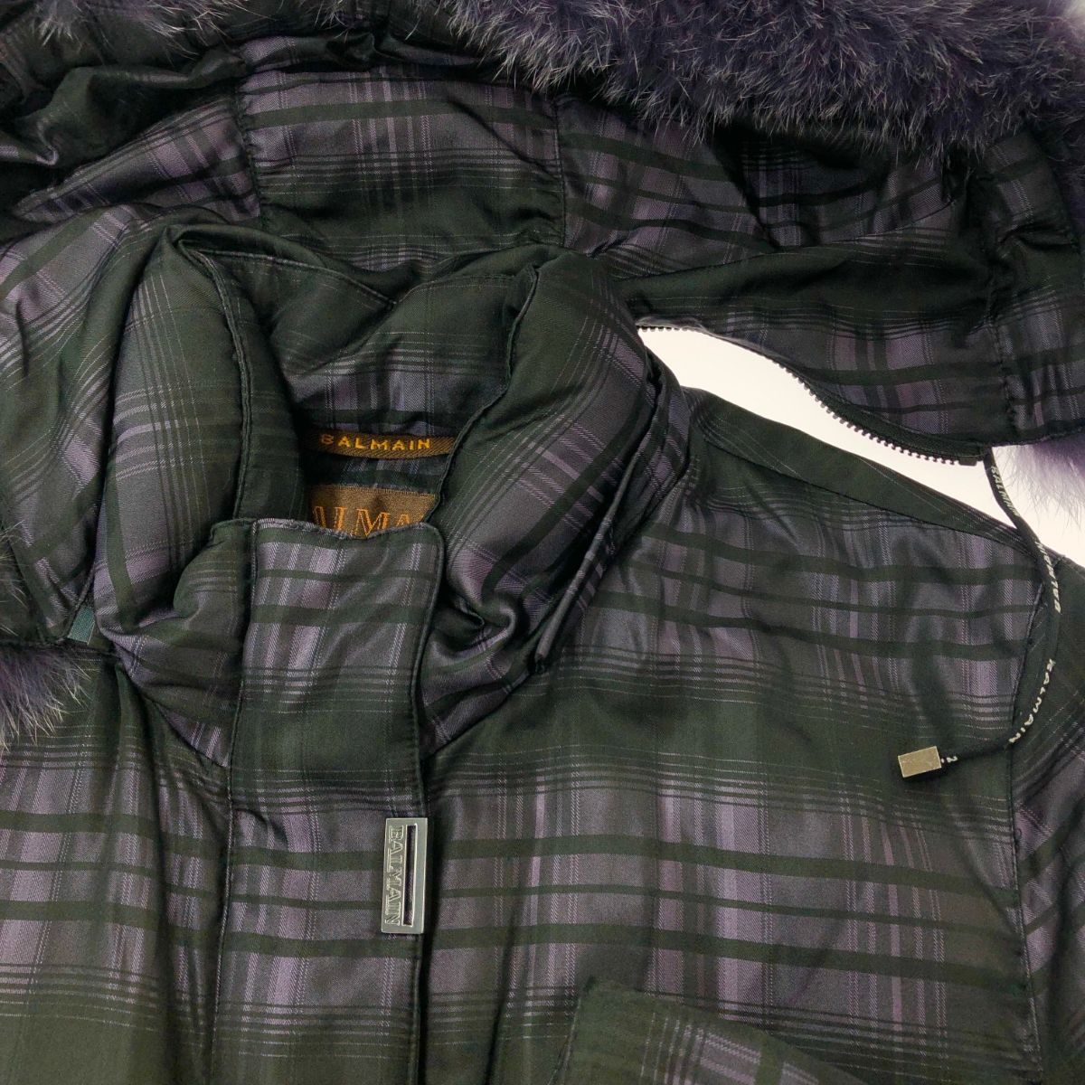 良好 BALMAIN PARIS バルマン フォックスファー付き チェック柄