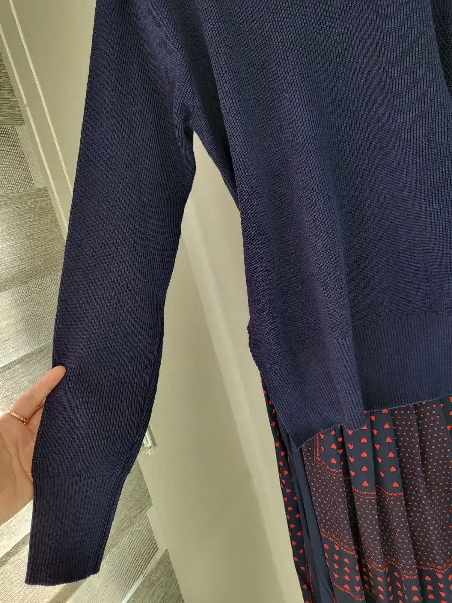 ネイビー ニット+シフォン ロング丈ワンピース