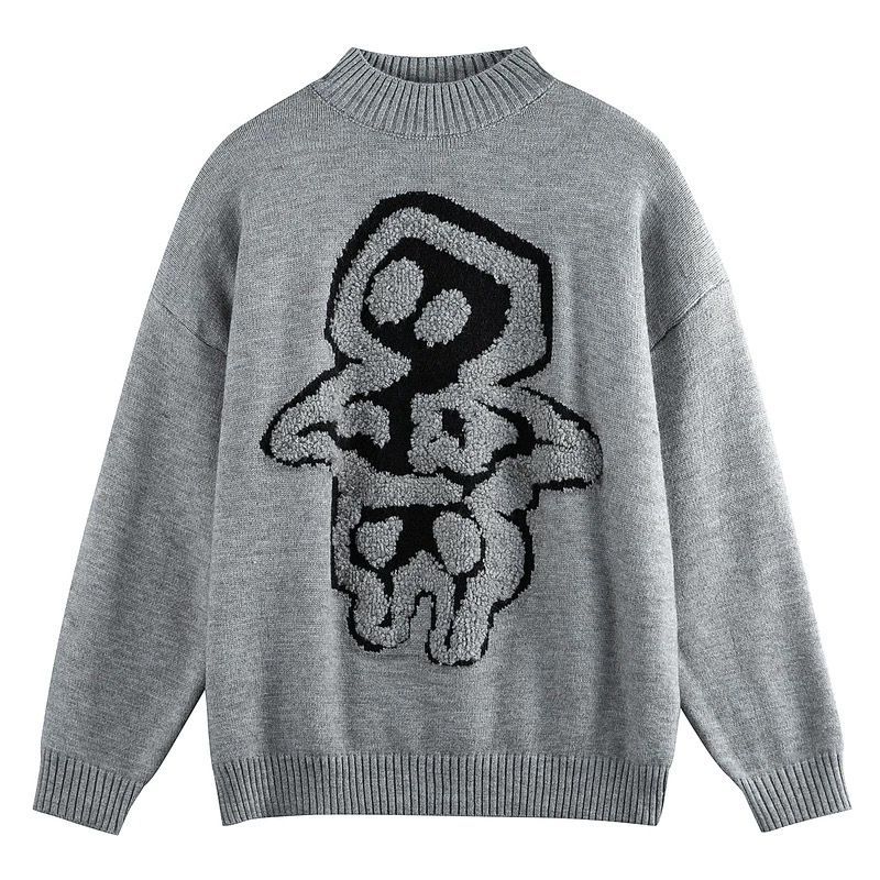 新品未使用 h ヨーロッパ・アメリカ古着風 カートゥーンフロッキープリント ハーフハイネック ニットセーター｜メンズ 潮流ブランド 老钱風 ルーズフィット 厚手ニット