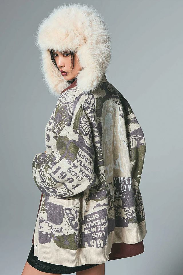 CARDIGAN コラージュグラフィックジャガードニットカーディガン