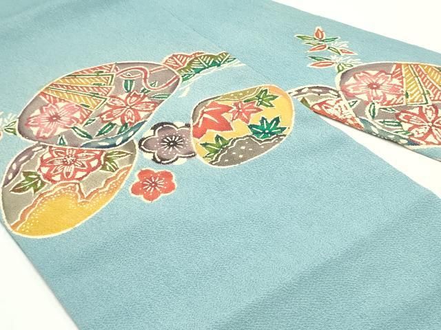 平和屋着物●九寸名古屋帯　作家物　型染め　貝合せ扇草花松文　瓶覗色　鬼しぼ縮緬　正絹　逸品　DAAV9089ob 平和屋着物○九寸名古屋帯 作家物 型染め 貝合せ扇草花松文