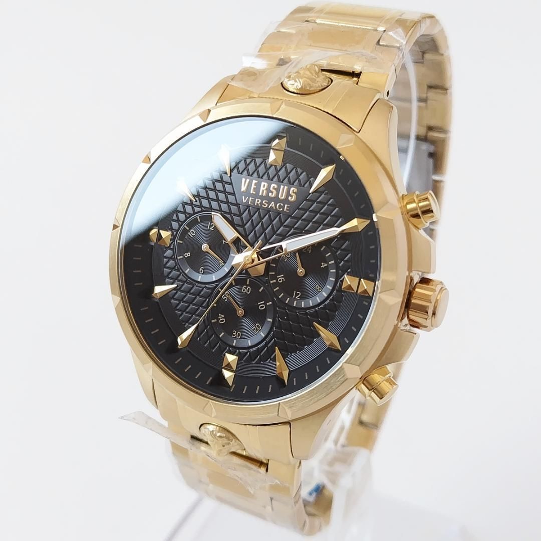 ゴールド/黒 新品ヴェルサス・ヴェルサーチ腕時計メンズ クロノグラフ クォーツ電池式 高級ウォッチ VERSUSブラック