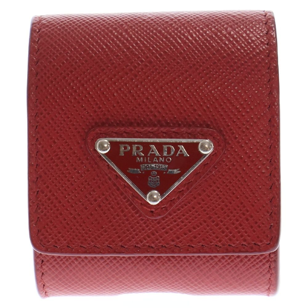 PRADA (プラダ) サフィアーノ エアポッズケース レッド 三角ロゴプレート シルバー金具 レザー 2TT106 バッグチャーム