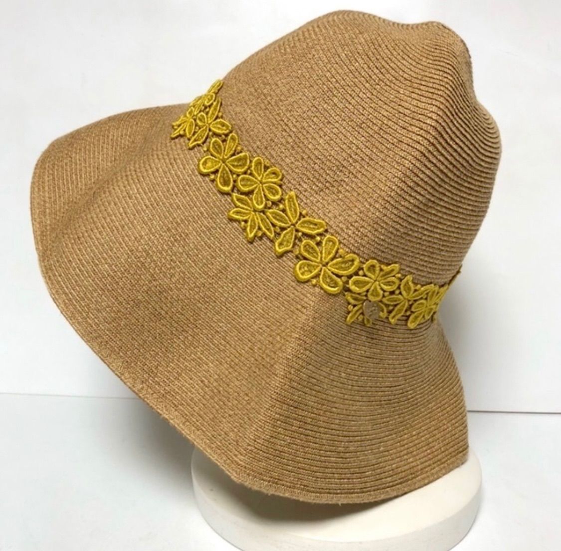 【未使用】athena new york アシーナニューヨーク 花刺繍 フラワーレース つば広 ペーパー ハット 麦わら帽子 ベージュ レディース A02