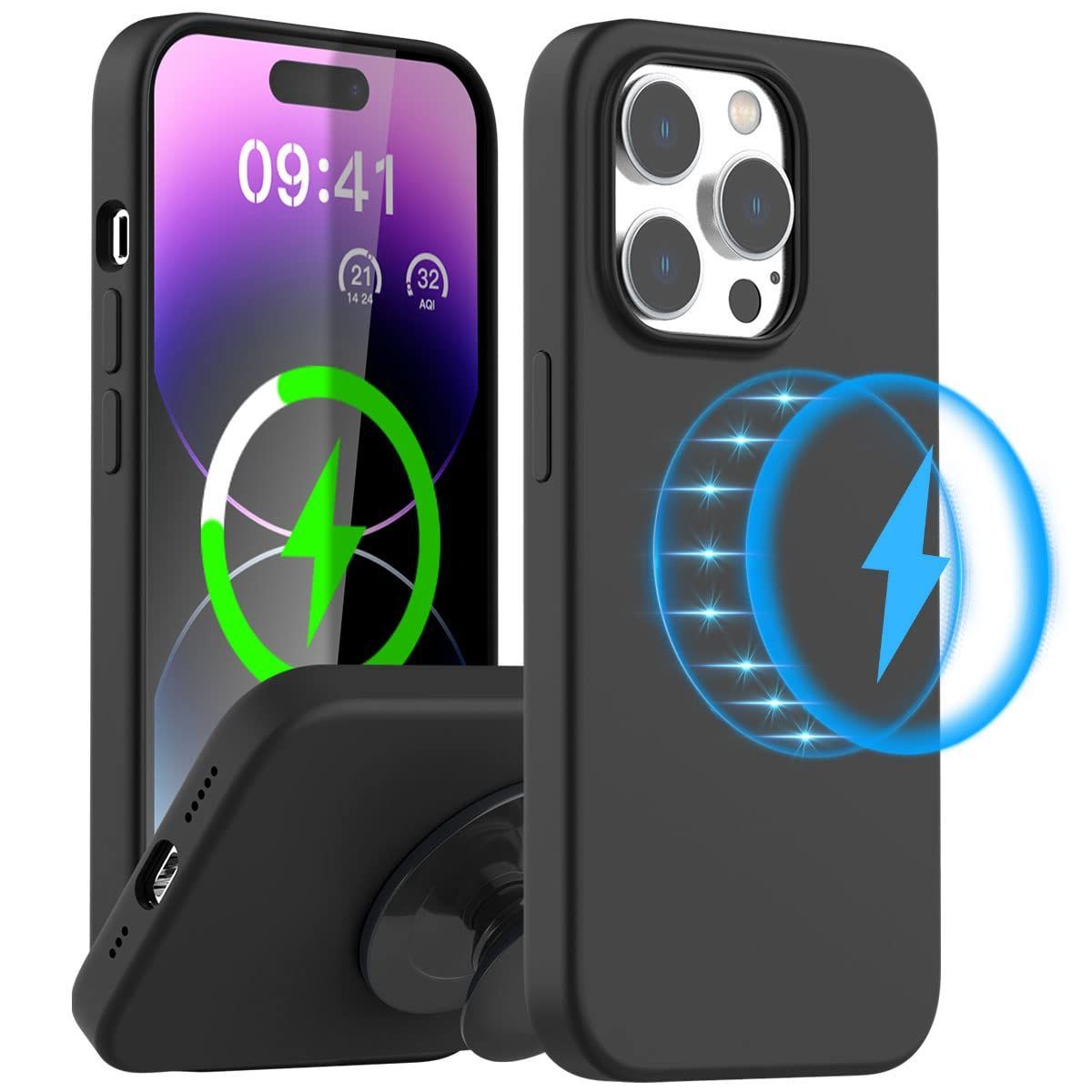 【在庫処分】AICase シリコン磁気ケース iPhone 14 Pro用 Magsafe 携帯電話カバー MagSafeアクセサリー付き 折りたたみ式グリップとスタンド iPhone 14 Pro 6.1インチ用 2022 ブラック