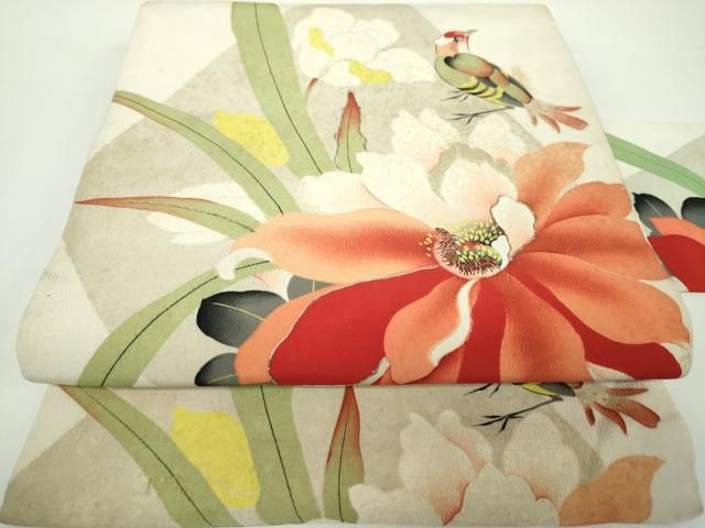 平和屋着物●アンティーク 大正ロマン 九寸名古屋帯 駒刺繍 休み鳥 草花文 銀糸 正絹 DAAX4793ps
