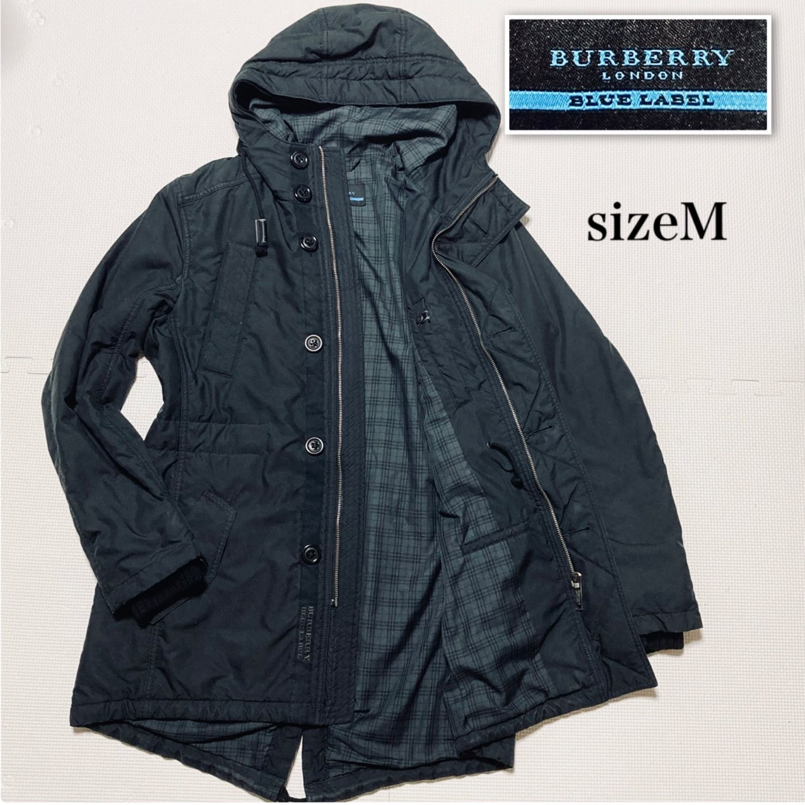 稀少 BURBERRY BLUE LABEL バーバリーブルーレーベル 中綿モッズコート フーディ フード フィッシュテール M-51風 ブラック sizeM 三陽商会 レディース