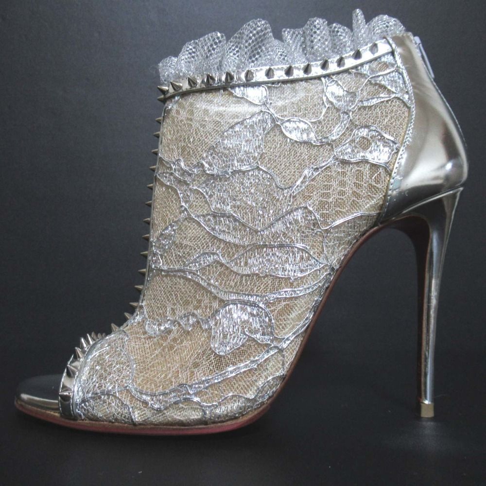 Christian Louboutin クリスチャンルブタン レース スタッズ ブーティー ショートブーツ 35.5 22.5 cm シルバー レディース 古着