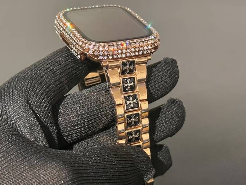 ローズゴールド Apple Watchメタルバンド glassパヴェカバー アップルウォッチ ステンレスベルト クロスデザイン リンクブレスレット 画面保護ケース キラキラ メッキ 41mm42mm44mm45mm46mm49mm ultra ウルトラ