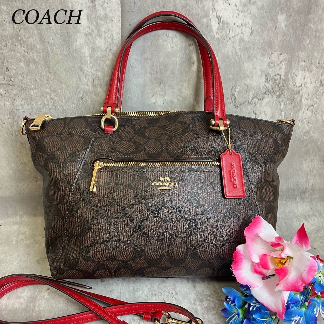 ✨良品✨ COACH コーチ 2way ショルダーバッグ トートバッグ 馬車金具 A4収納 大容量 シグネチャー 総柄 ゴールド金具 ロゴ型押し  肩掛け 斜め掛け PVCレザー ブラウン 茶色 - メルカリ