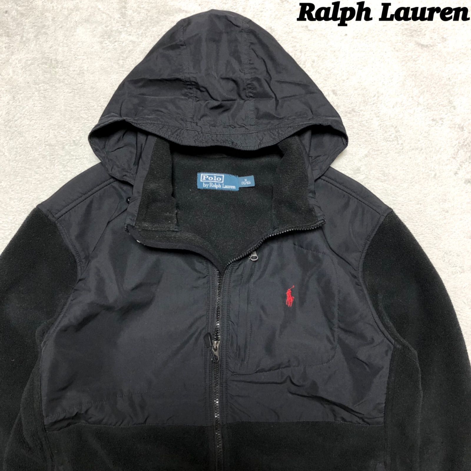 POLO by Ralph Lauren フリースジャケット ナイロンジャケット 切り替え ポニー刺繍 フード付 Mサイズ トラックジャケット ドリズラージャケット ブラック 黒 ポロバイラルフローレン