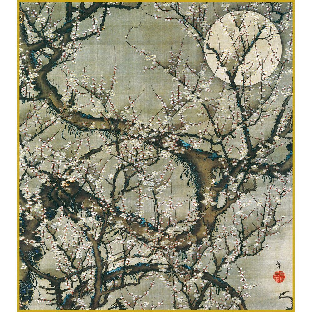【超特価】 伊藤若冲「梅花皓月図」複製画 額入り 色紙額 特殊工芸画 若冲動 絵画