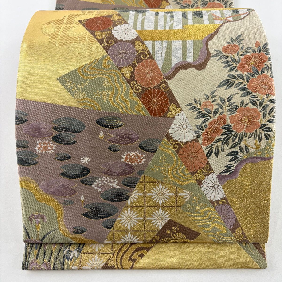袋帯 ヱ霞 金彩 上品加工 正絹 AO-1690 袋帯 美品 名品 草花 ヱ霞 箔 金糸 ベージュ お太鼓柄 正絹