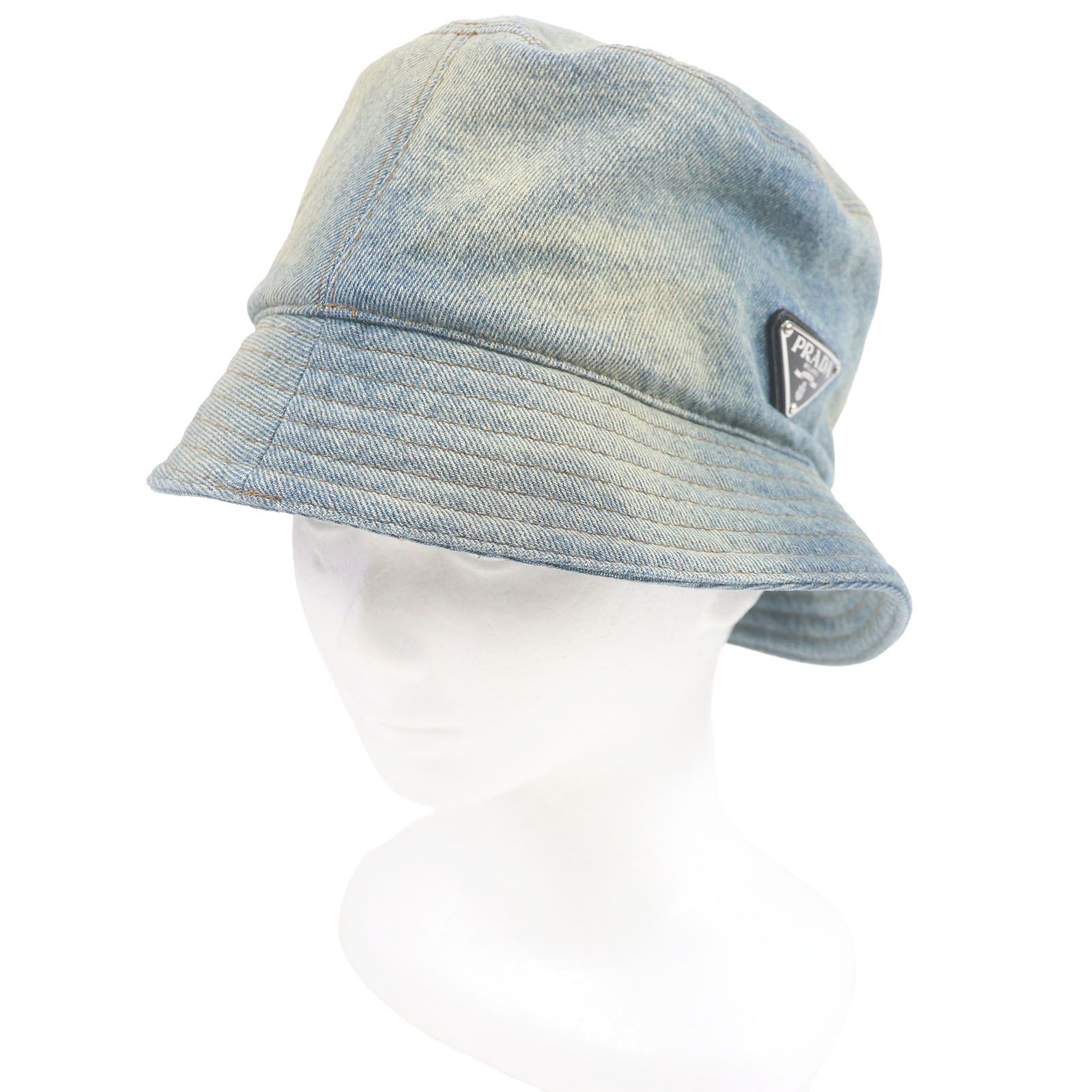 □PRADA プラダ 2025年製 2HC137 コットン100％ 子牛革ディティール トライアングルロゴ 三角プレート デニム バケットハット 帽子 インディゴブルー XL イタリア製 正規品 メンズ
