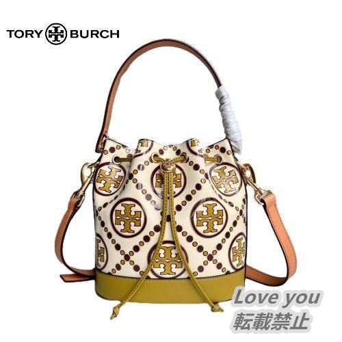 新作 Tory burch トリーバーチ Tモノグラム バケットバッグ ショルダーバッグ クロスボディー 斜め掛け レディースバッグ ドローストリング  アウトレット品 ブラウンイエロー系 - メルカリ