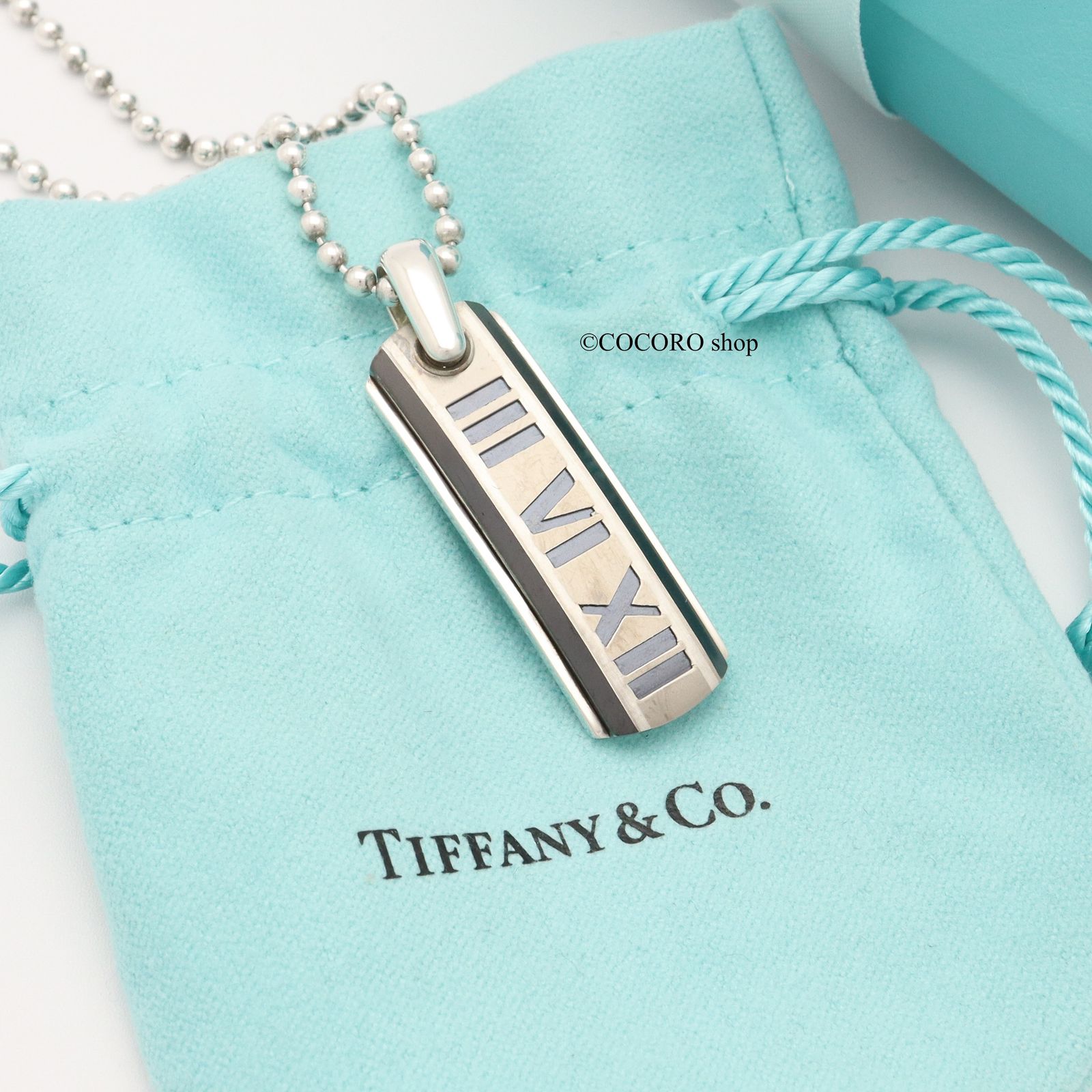 【美品】ティファニー TIFFANY&Co. アトラス バー ミッドナイト ブラック チタン ボール チェーン ネックレス AG925 Ti