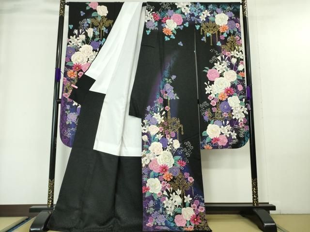 平和屋本店■極上　振袖　駒刺繍　シャンデリア　草花　黒地　暈し染め　金彩　銀通し地　逸品　DZAA6187kh5 平和屋本店□極上 振袖 駒刺繍 シャンデリア 草花 黒地 暈し染め 金彩