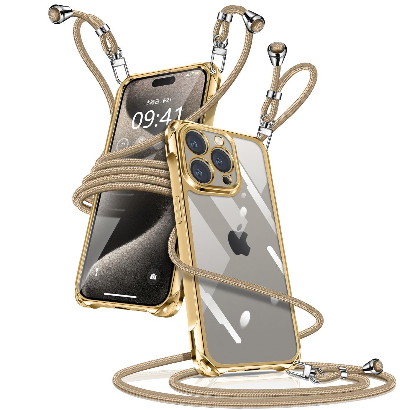 iPhone15 Pro_金 iPhone 15 Pro ケース クリア ショルダー iPhone15Pro スマホケース アイフォン15Pro カバー 肩掛け 斜めかけ 縄掛けケース 透明 薄型 軽量 TPU 携帯ケース 紐付き 斜めがけ 織りストラップ