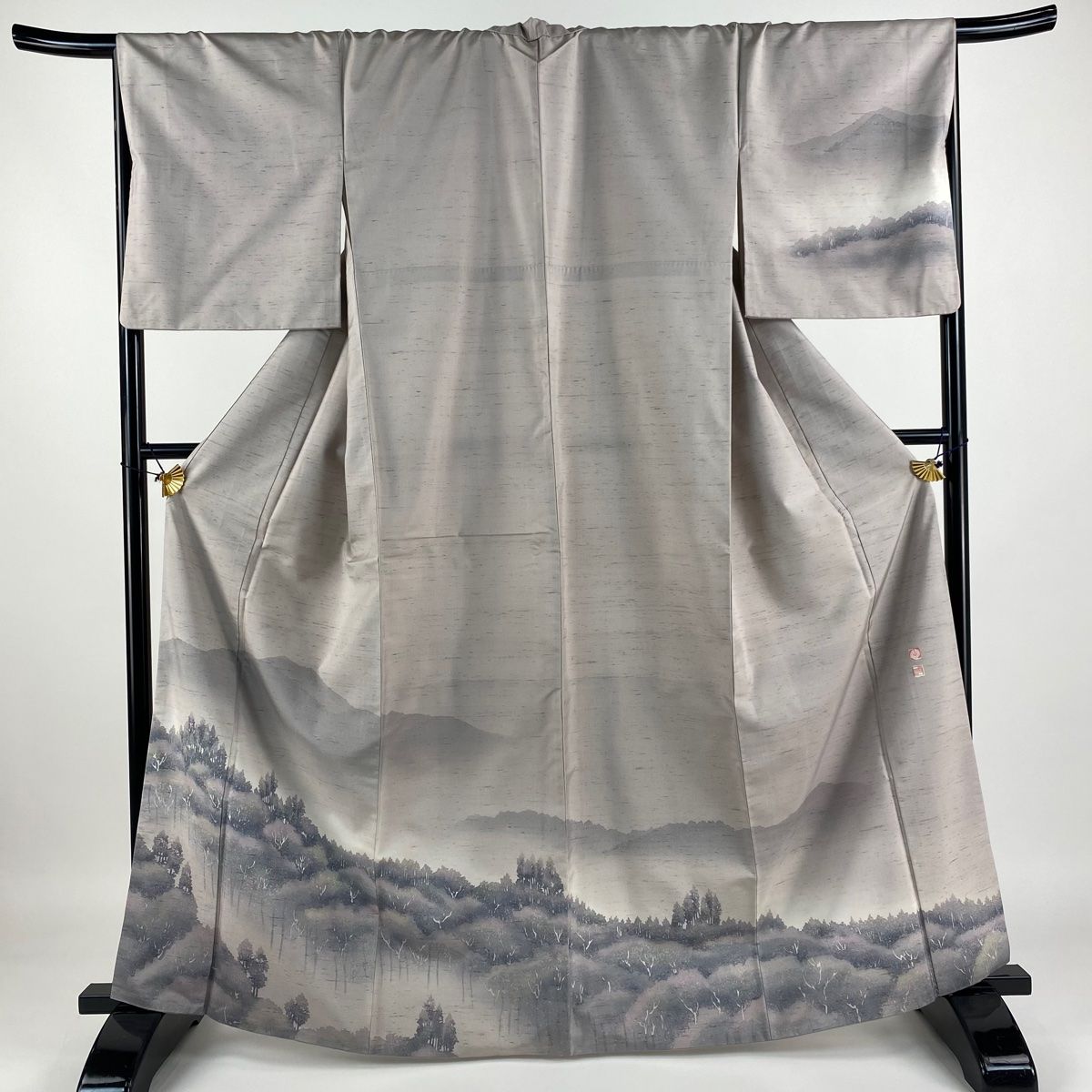 超美品 着物 正絹 袷 牛首紬 付け下げ 160 白山工房 紺 ピンク 青 牛首