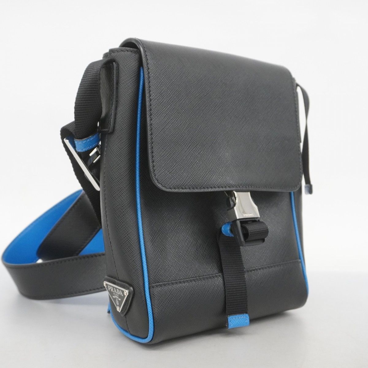 5ma0116-h プラダ ショルダーバッグ サフィアーノ レザー ブラック ブルー シルバー金具 メンズ