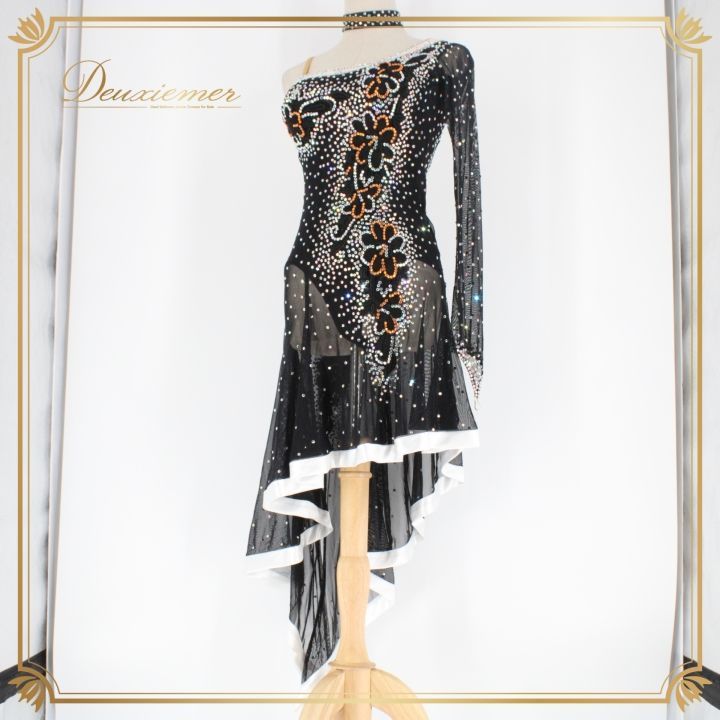 社交ダンス 衣装 ラテン ドレス ワンピース 黒 デモ 競技 ダンス パーティ 発表会 白 レース 透け感 ブラック系 透け素材 おしゃれ デザイン ストレッチ イベント 演出 コスチューム ダンスウェア