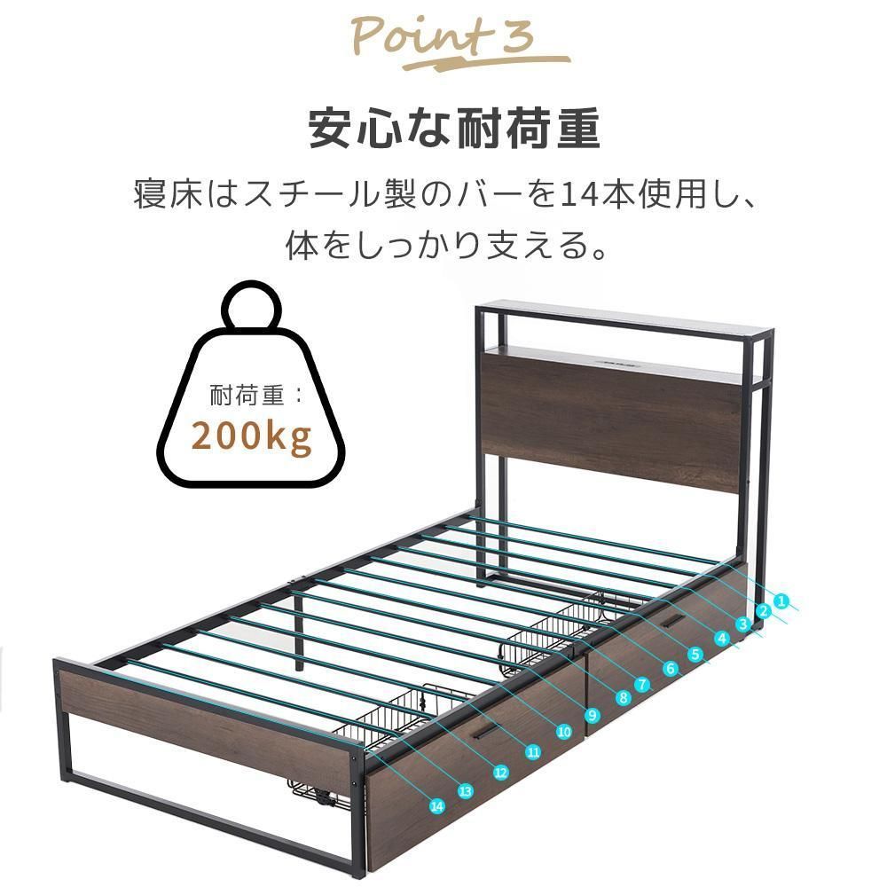 新作パイプベッドコンセント付きUSBポート付き引き出し付き耐