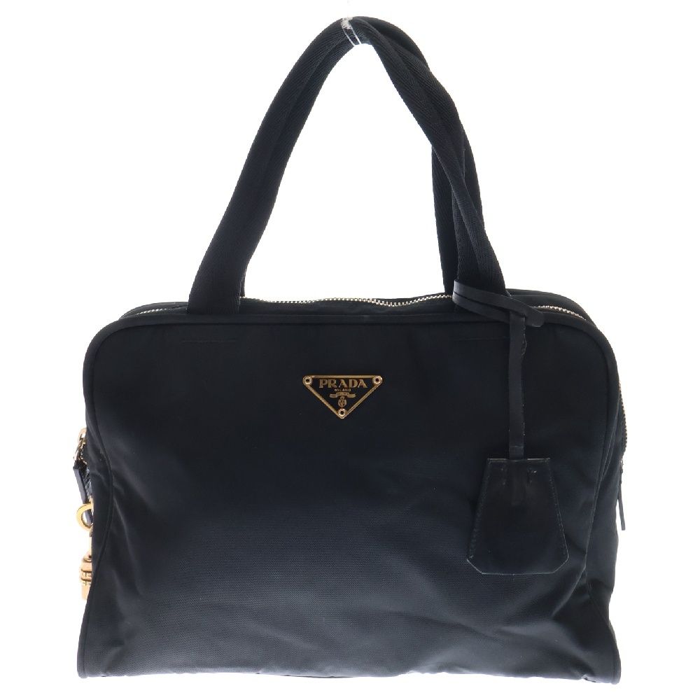極美品　PRADA プラダ　ハンドバック　ブラック 極美品】 プラダ ナイロン ハンドバッグ ブラック レザー 三角