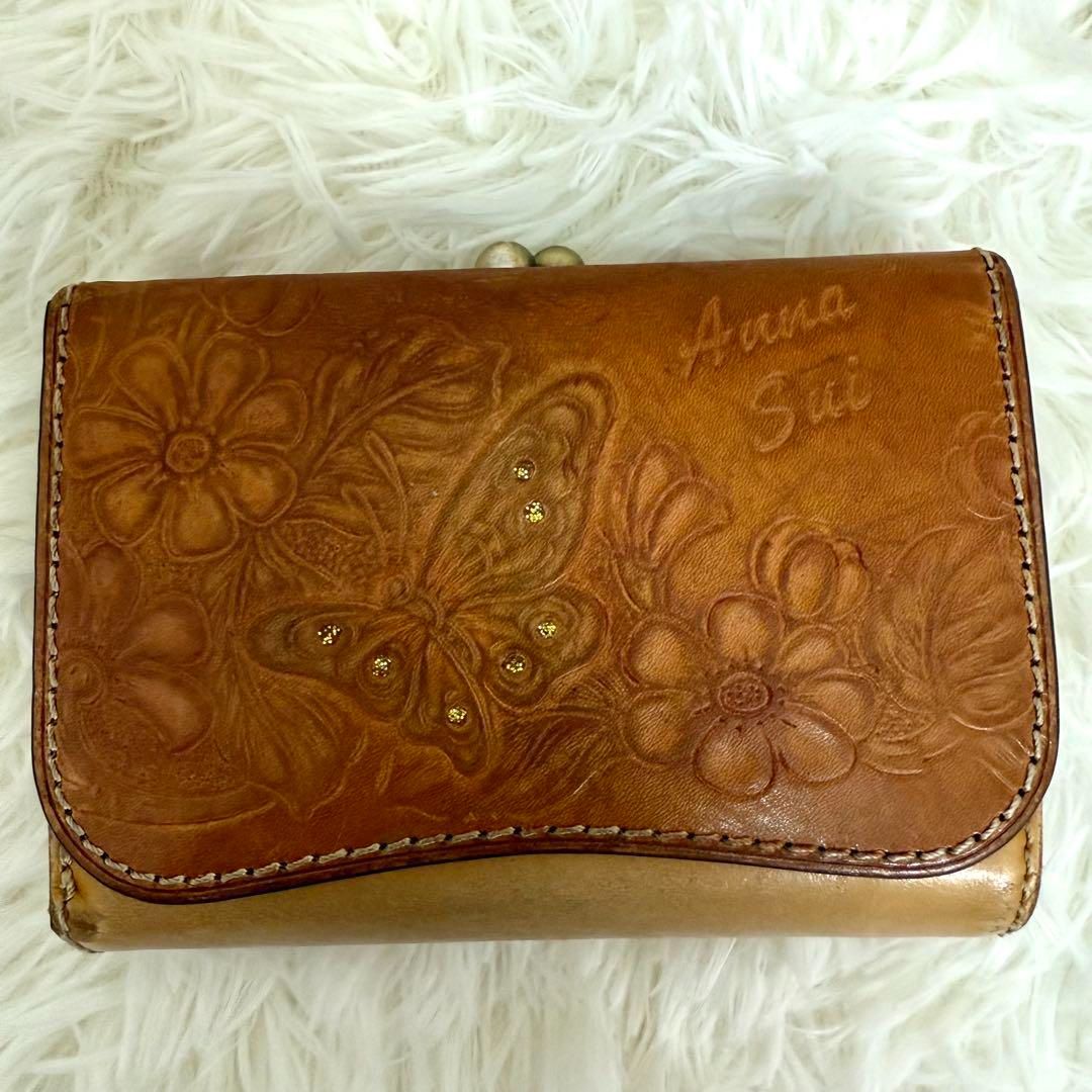 ★極美品★ANNA SUI アナスイ バタフライモチーフ がま口 三つ折財布 ANNA SUIアナスイ 蝶バタフライ がま口三つ折り財布 レザー 赤茶