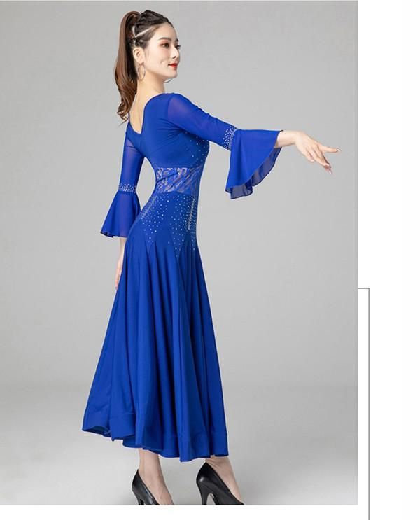 ダンス衣装 ダンスウェア ステージ衣装 カラオケ デモ パーティー 練習着 演出 ブラック ブルー 社交ダンスドレス 社交ダンス モダンドレス 大きいサイズ 長袖 広がる裾 スタンダードドレス ワルツダンス ワンピースドレス ダンス衣装 WHITEMONARCHHOTEL_COM