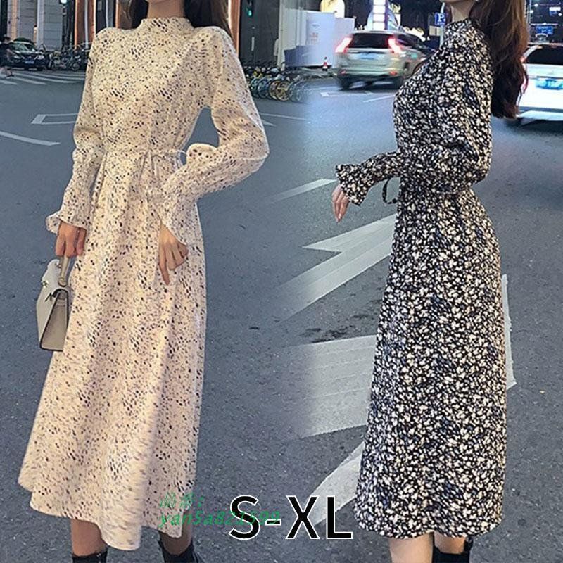 レディース 裏起毛 ワンピース 長袖 秋冬 マキシ丈 チェニック 花柄 シフォン フレンチ ロング 厚手 レトロ ファッション ゆったり ワンピース yan5a821599