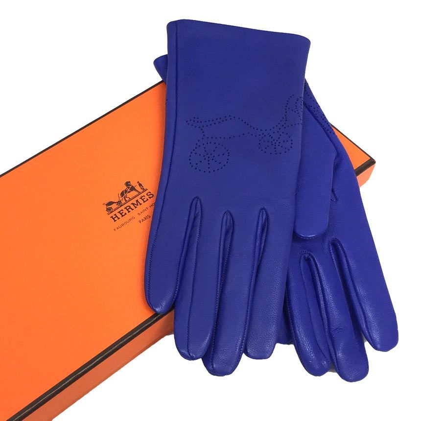 HERMES エルメス 手袋 グローブ 7サイズ レザー ブルー aq7208-