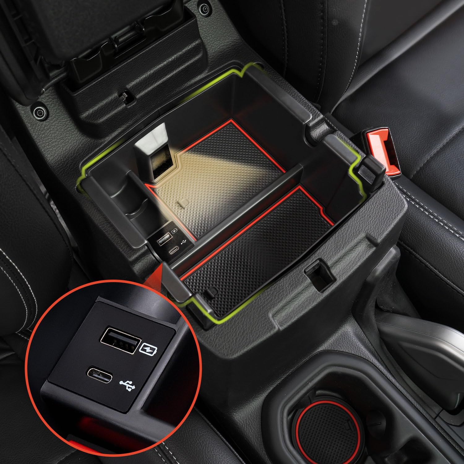 DrCarNow アップグレードセンターコンソールオーガナイザートレイ USB電源ポート付き ジープラングラーJL|JLU 2018-2025 2025 グラディエーターJTトラック2020-2025用インサートアームレストトレイアクセサリー