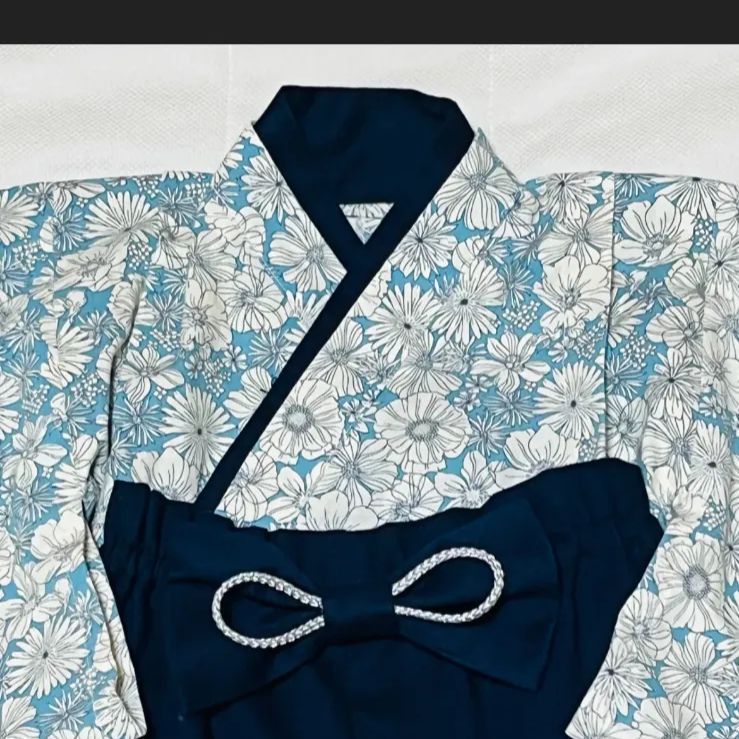 ベビー袴 ハンドメイド ベビー着物 ブルー系白花柄 ネイビー 60 70 80  