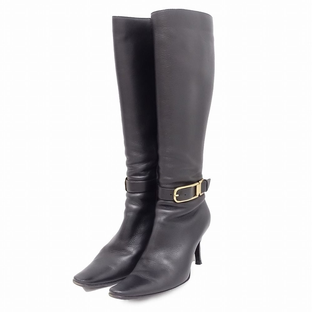 CELINE セリーヌ レザー ロングブーツ ロゴ ベルト付き ヒール CELINE セリーヌ レザー ロングブーツ ロゴ ベルト付き ヒール