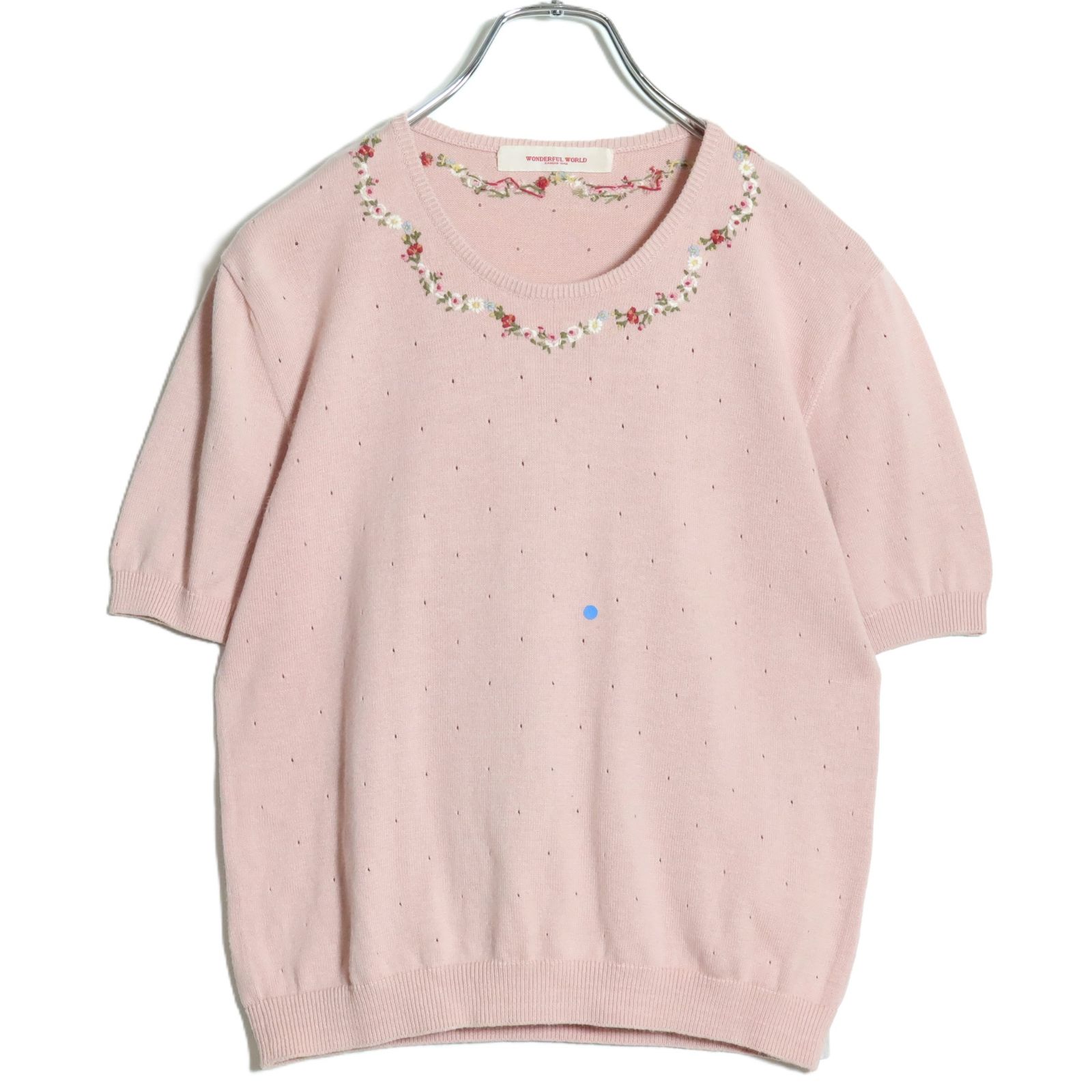 ワンダフルワールド カネコイサオ☆お花の刺繍付き♪半袖ニット ピンク