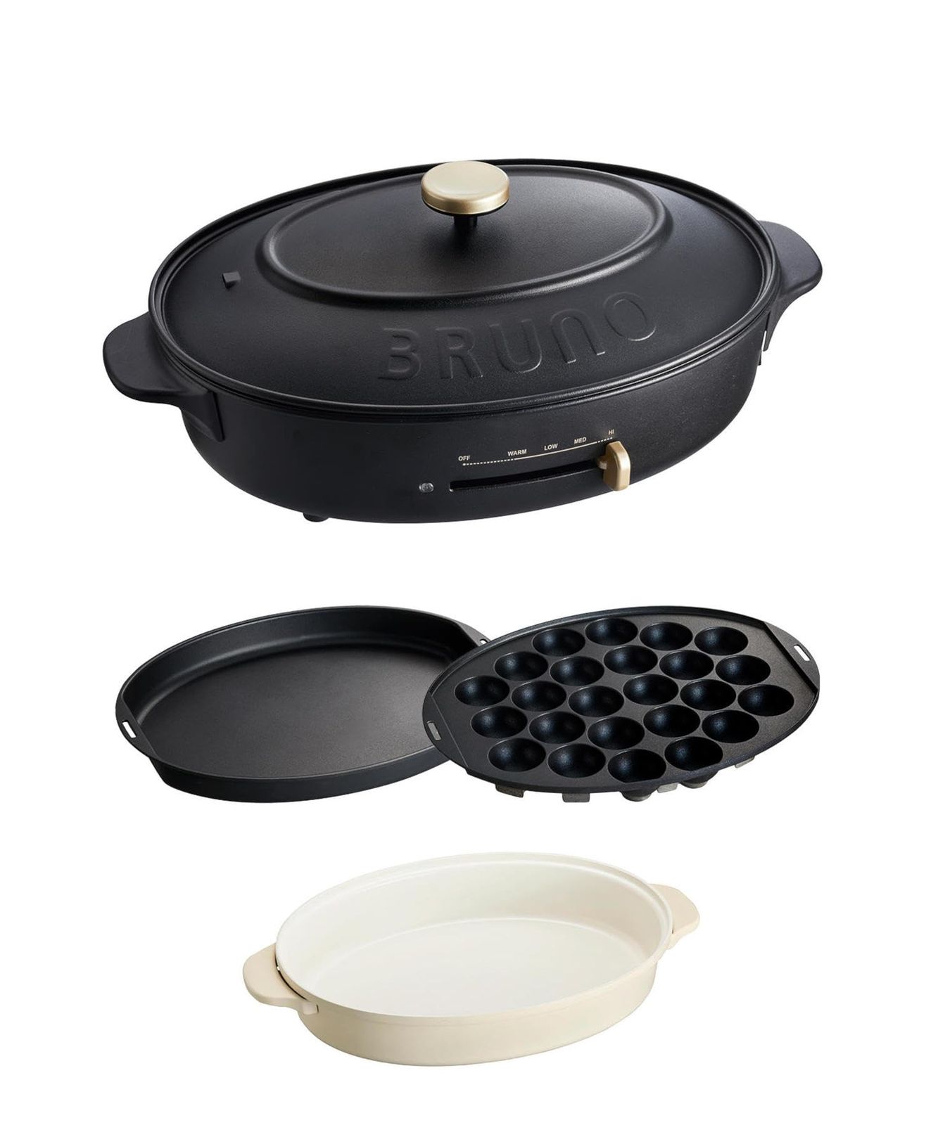 迅速発送 BRUNO ブルーノ オーバルホットプレート 本体 プレート3種 たこ焼き 深鍋 平面 ブラック Black 黒 おしゃれ かわいい これ1台 一台 蓋 ふた付き 1200w 温度調節 洗いやすい 1人 2人 3人用 小型 ひとり暮らし にも