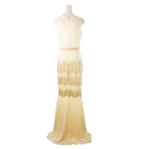 エリザベッタ フランキ ELISABETTA FRANCHI ドレス フォーマル ワンピース ロング Vネック ノースリーブ シアー ビーズ フリンジ ウエストマーク 42 S 白 アイボリー |CK5 GY18